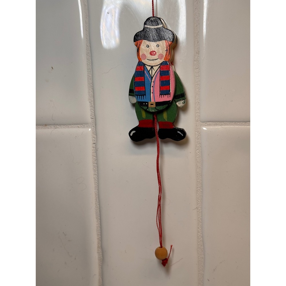 Vintage Wooden Pull String Toy Clown Figurine Hanging Decor